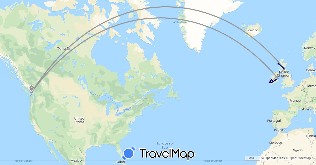 TravelMap itinerary: driving, plane in Canada, United Kingdom, Ireland (Europe, North America)